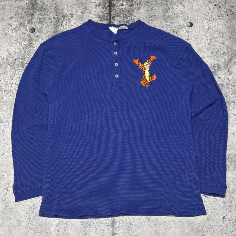 Vtg 90s Disney Store Tigger Henley Shirt Mens Large Blue Waffle Knit Thermal
